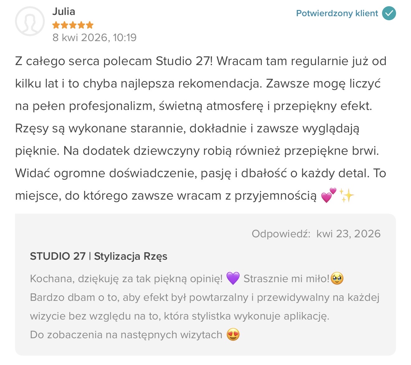 Opinia Julii z Booksy - STUDIO 27