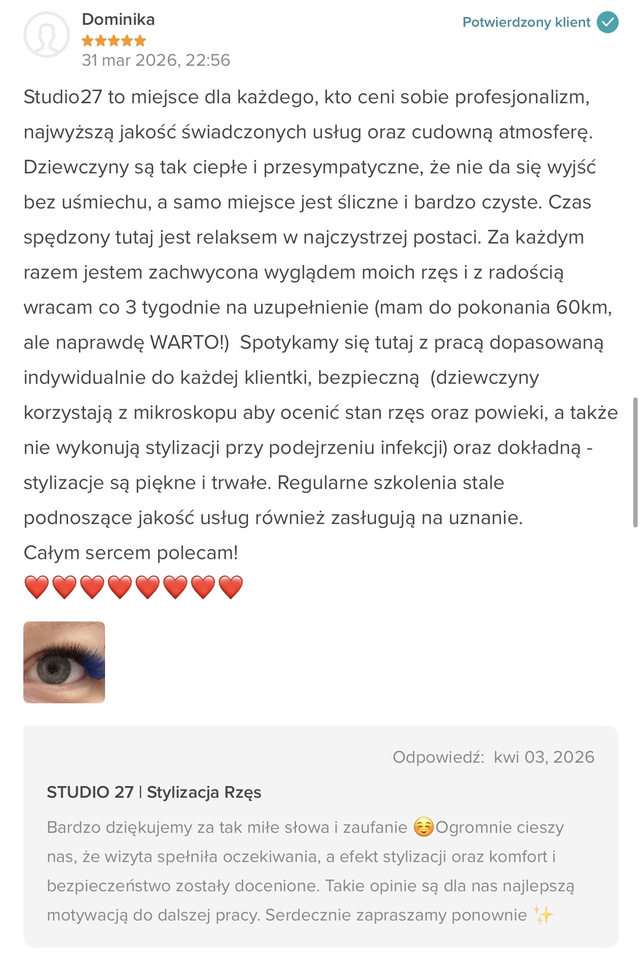 Opinia Dominiki z Booksy - STUDIO 27