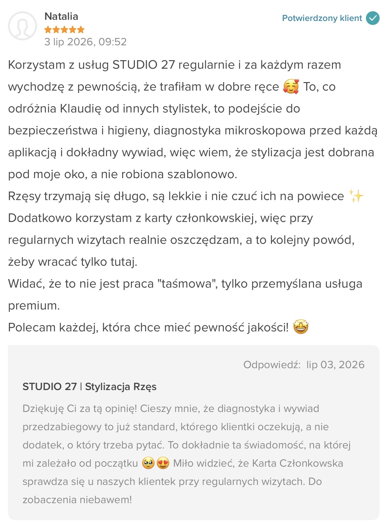 Opinia Natalii z Booksy - STUDIO 27