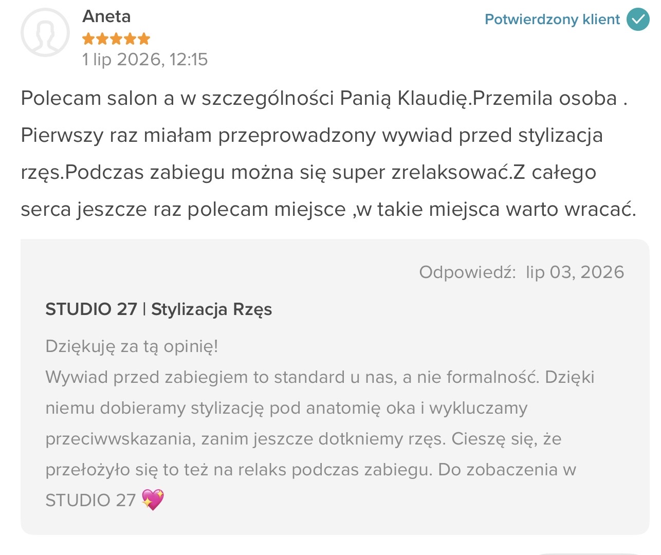 Opinia Anety z Booksy - STUDIO 27
